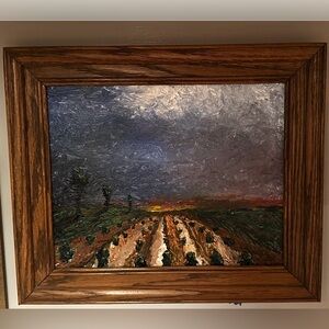 Original Framed Landscape Oil on Canvas Painting in Brown and Green